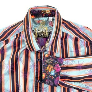 Robert Graham Mens 2XL‎ Blue Orange Stripe Firework Print Shirt Flip Cuff